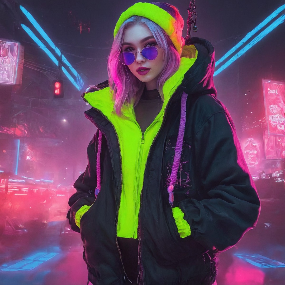 digitalart, characterdesign, videogamefanart, digitalpainting, cyberpunk, neon, dreamup, fanart, cartoon, scifi, conceptart, sweaterweather, ai_art