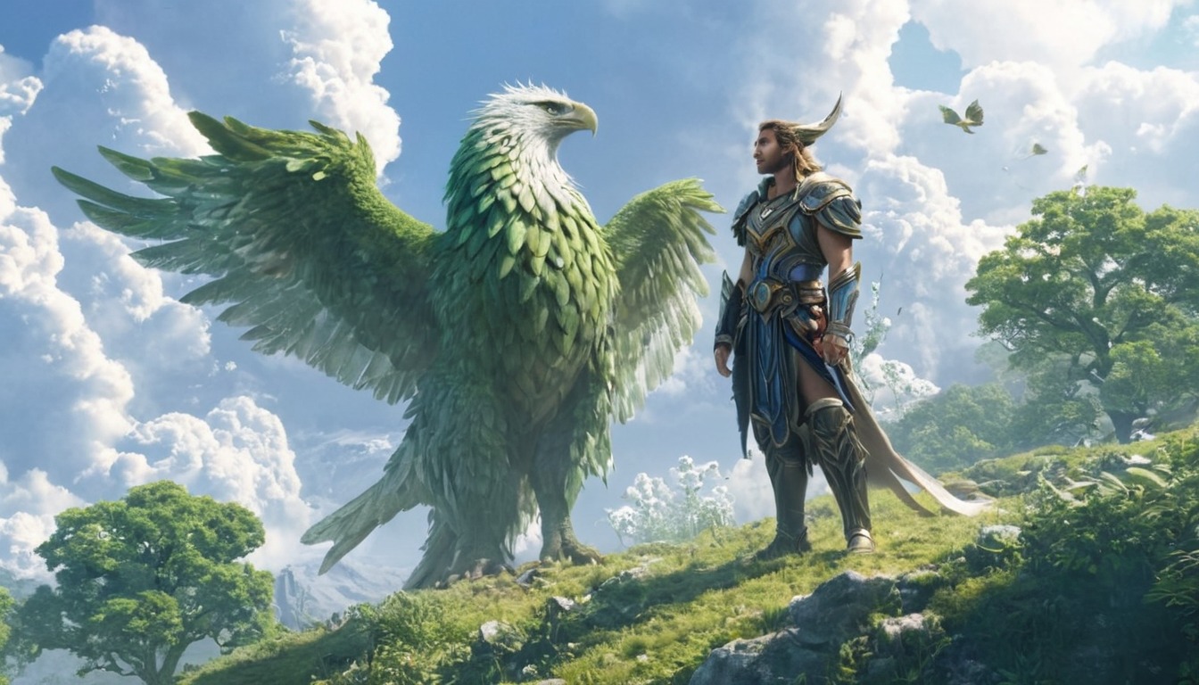 digitalart, warrior, fantasyart, characterdesign, forest, digitalpainting, fantasycharacter, wallpaper, guardian, digitalartwork, dndcharacter, fantasycreature, hippogriff, hybrid, hyrule, landscape, majestic, mythicalcreature, nature, summer, surreal, elffantasy, dnddungeonsanddragons, midjourney, synthography