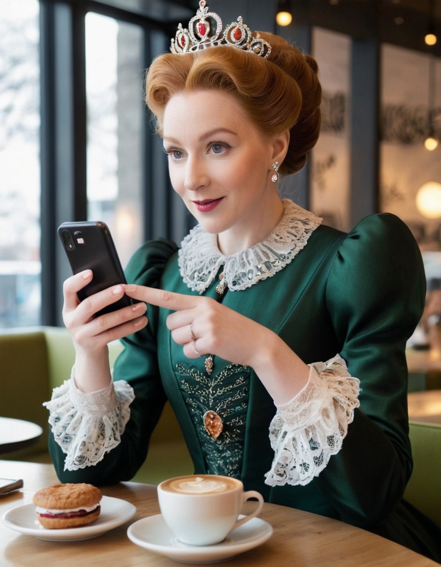 elizabeth i, queen of england, smartphone, coffee shop, historical figure