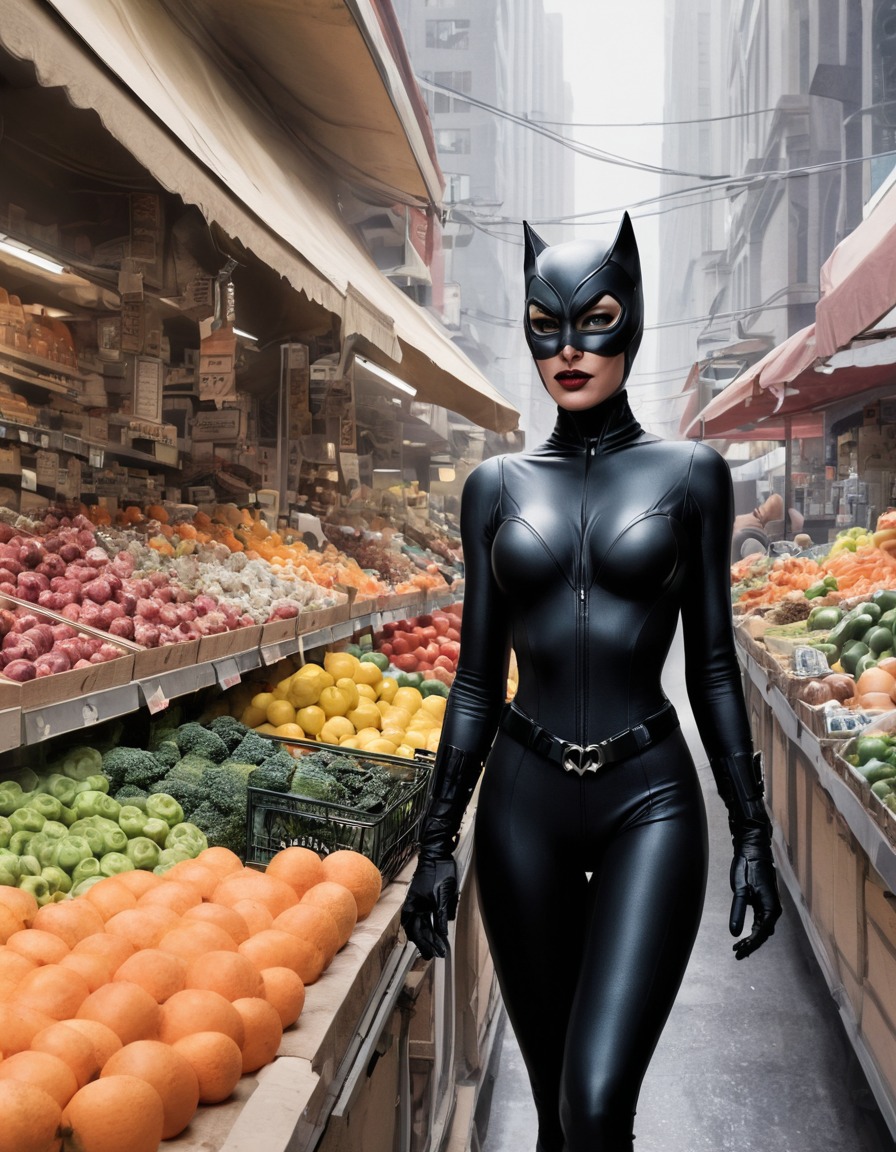 catwoman, dc comics, grocery shopping, market, city, superhero, superheroine, bikini