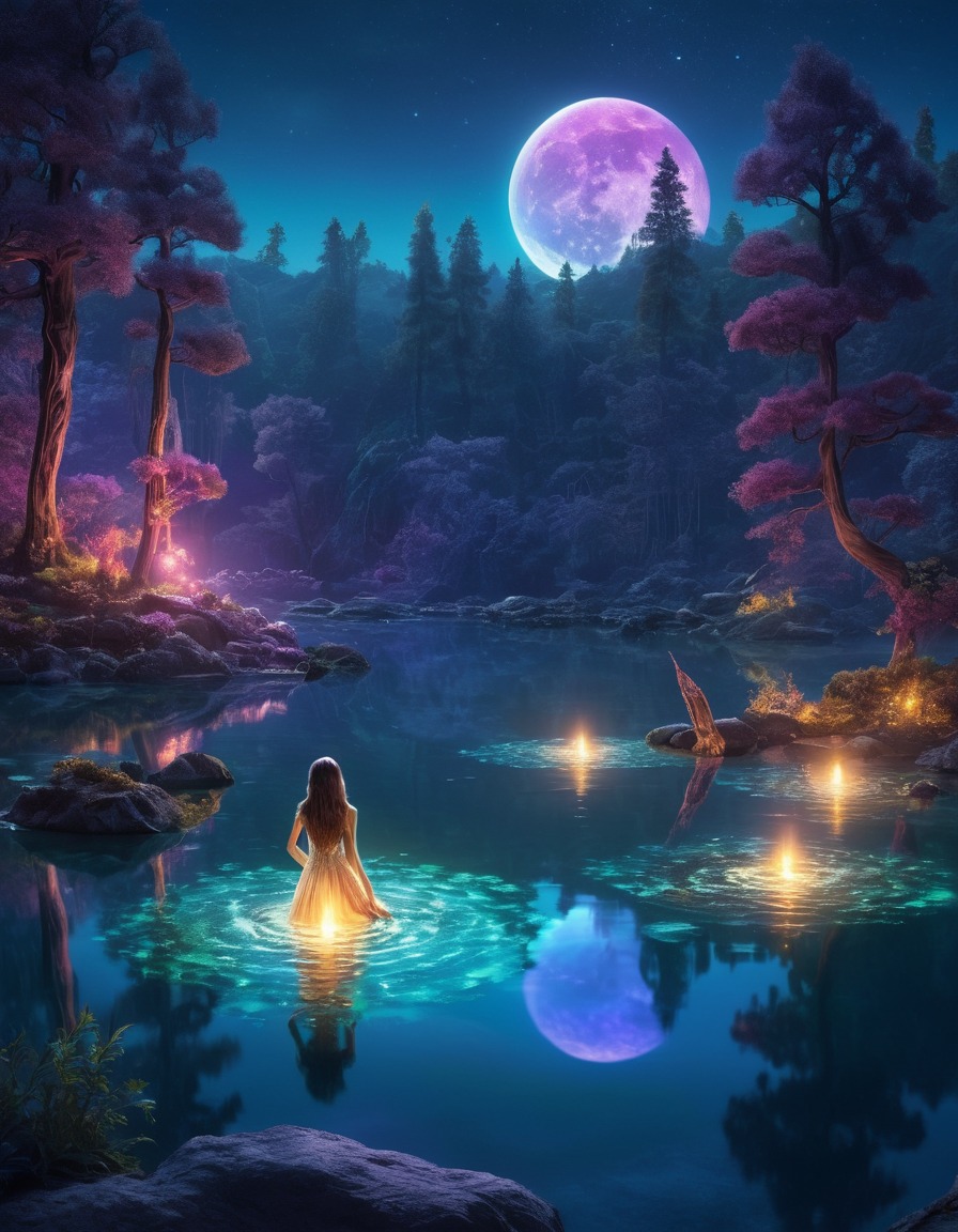 lake, water nymphs, moonlight, otherworldly, iridescent, fantasy, fantastic