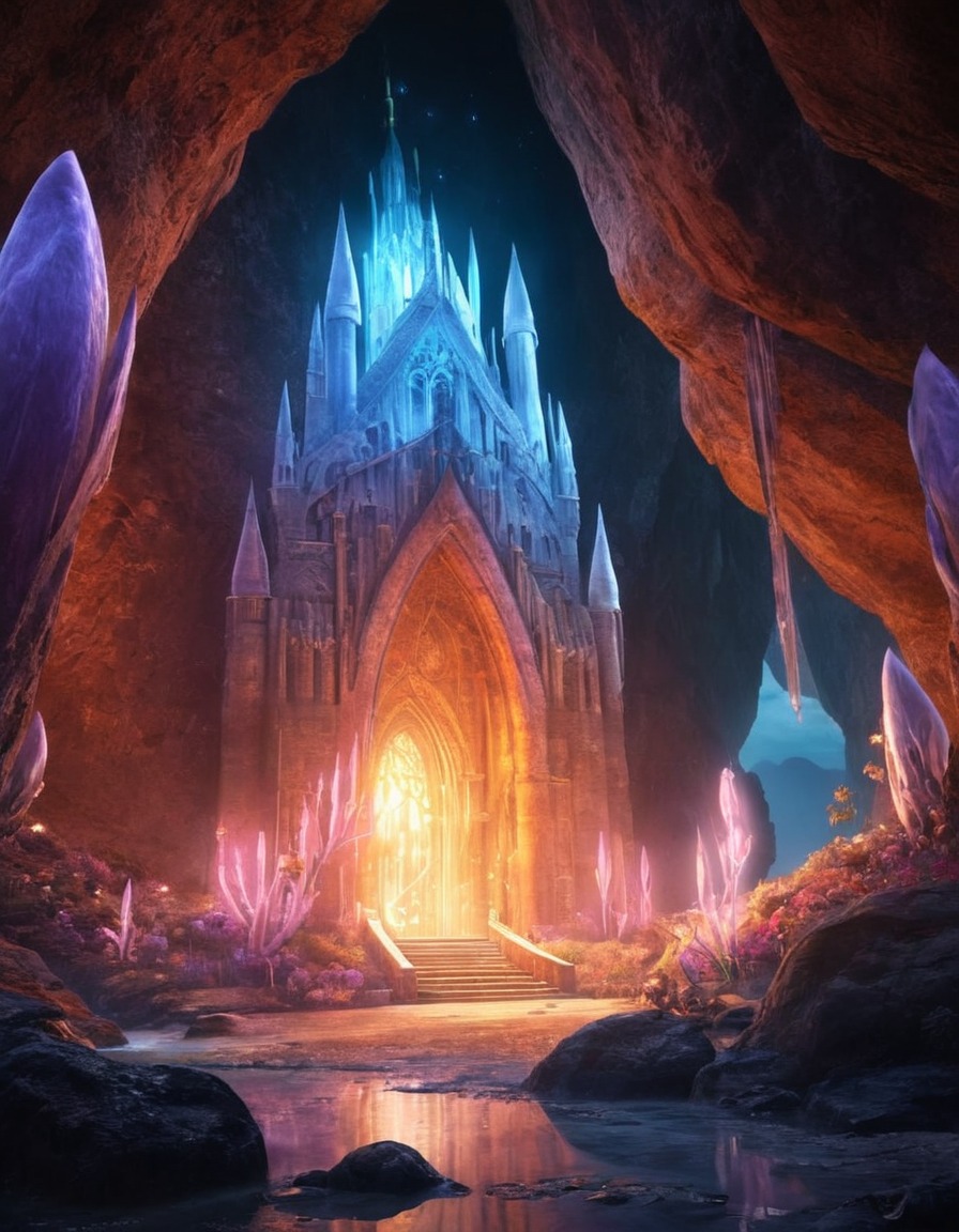 mysterious energy, ai, aiart, fantasy scene, crystal cave, digitalart, glowing crystals