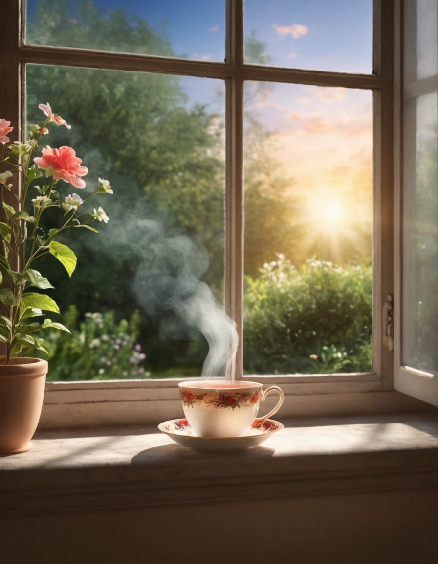 tea, window sill, garden, relaxation, home, interior