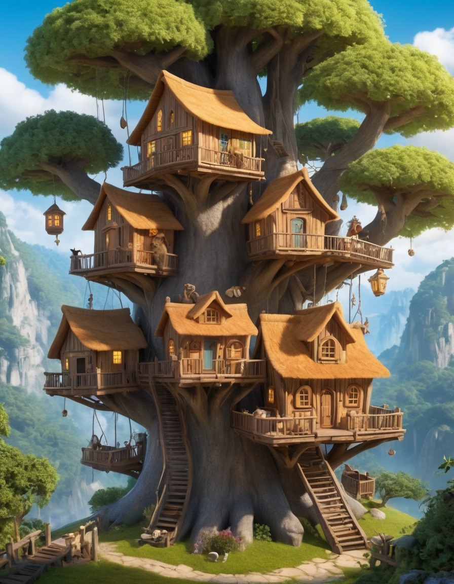 fantasy, village, creatures, treehouses, fantastic