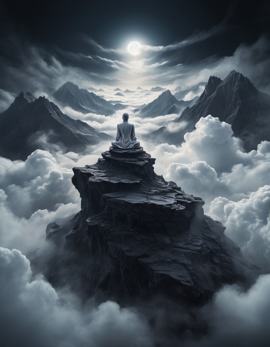 meditation, mountain peak, swirling clouds, solitude, mystical experience, spirituality