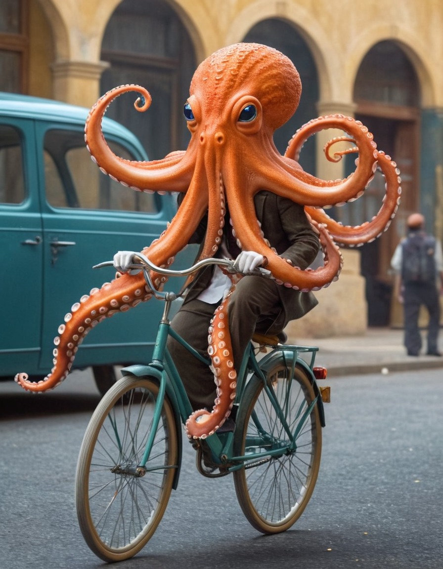 octopus, bicycle, strange creature, unusual transportation, marine animal, curious sight