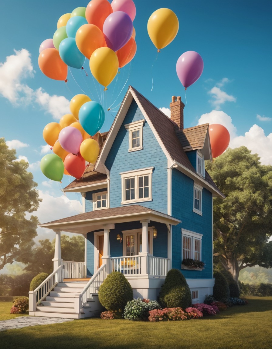 floating house, balloons, structure, unusual architecture, fantasy, magic, aerial