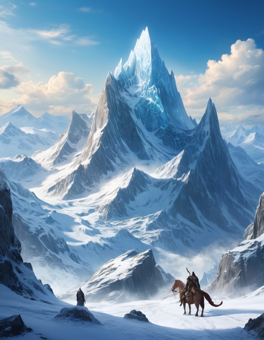 snow-covered, mountain peak, ice dragons, ancient treasures, fantasy, mythical creatures, fantastic