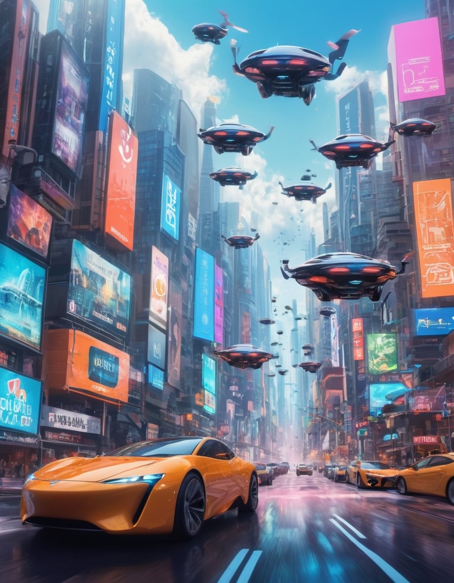 futuristic, cityscape, flying cars, holographic billboards, technology, future