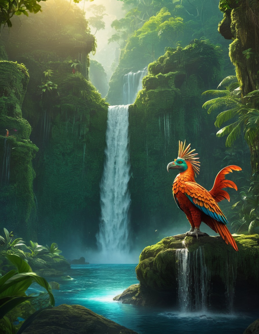 ahuizotl, aztec, mythological creature, waterfall, jungle, magical, creature art