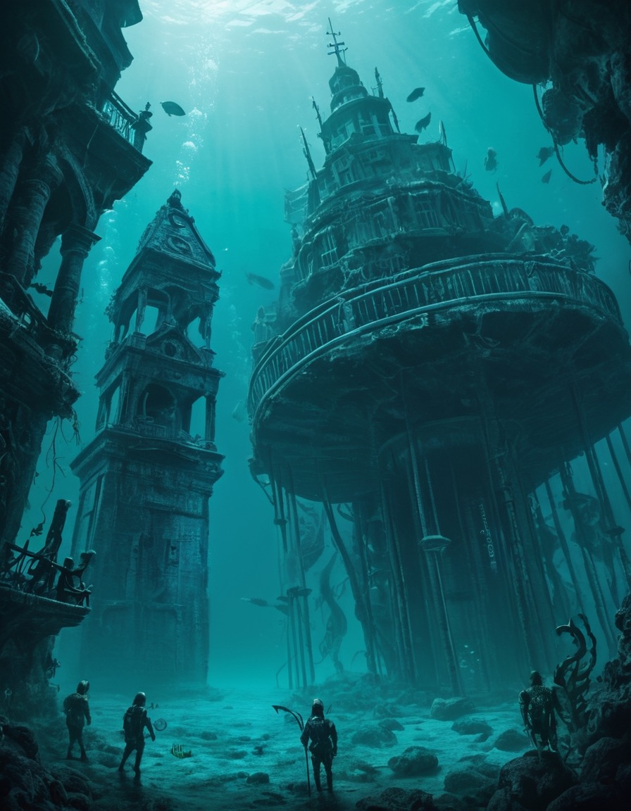 underwater, city, cyclopean structures, sea monsters, eerie, lovecraft, howard lovecraft