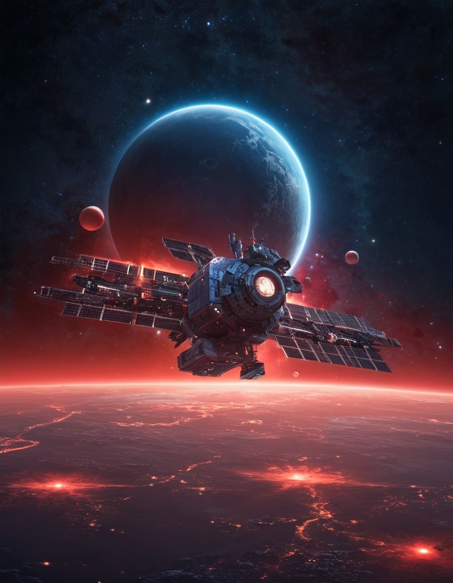 space station, orbiting, mysterious, glowing red star, outer space, sci-fi, astronomy