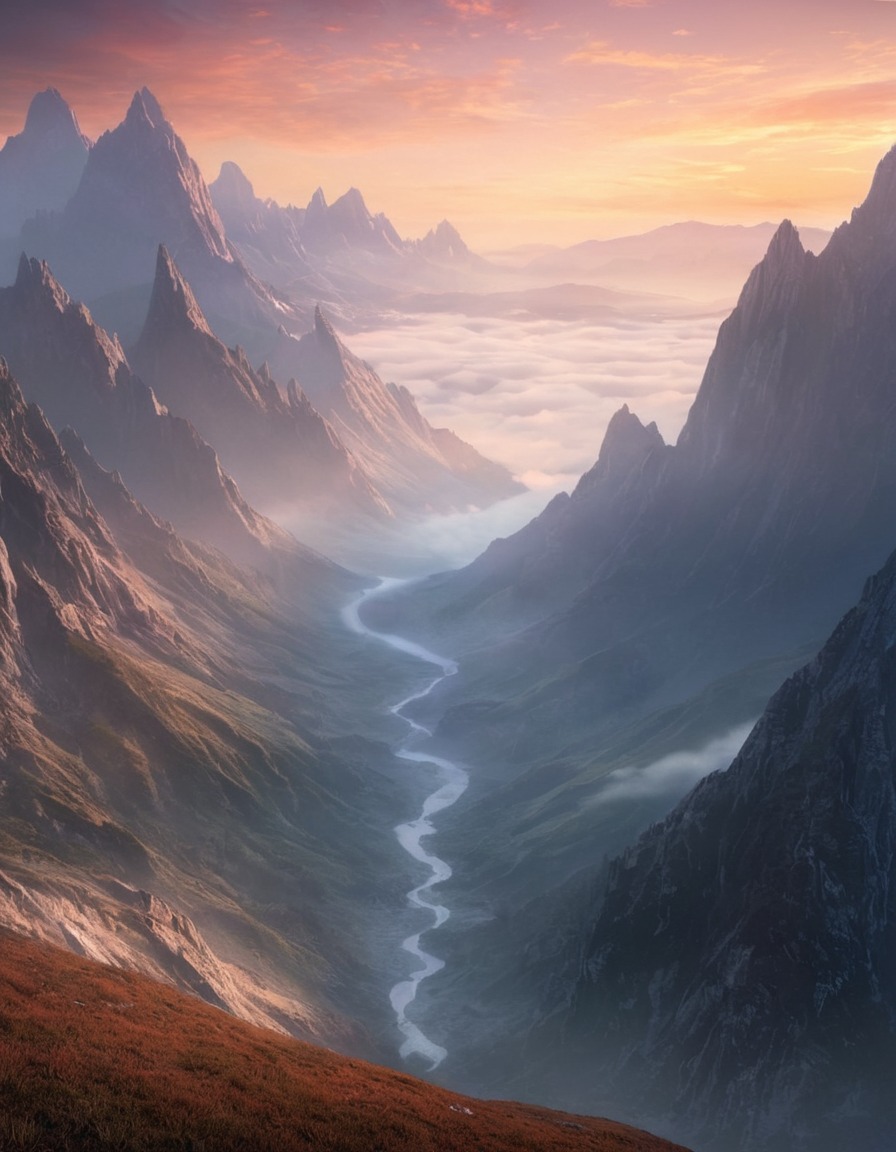 mountains, mist, dawn, nature