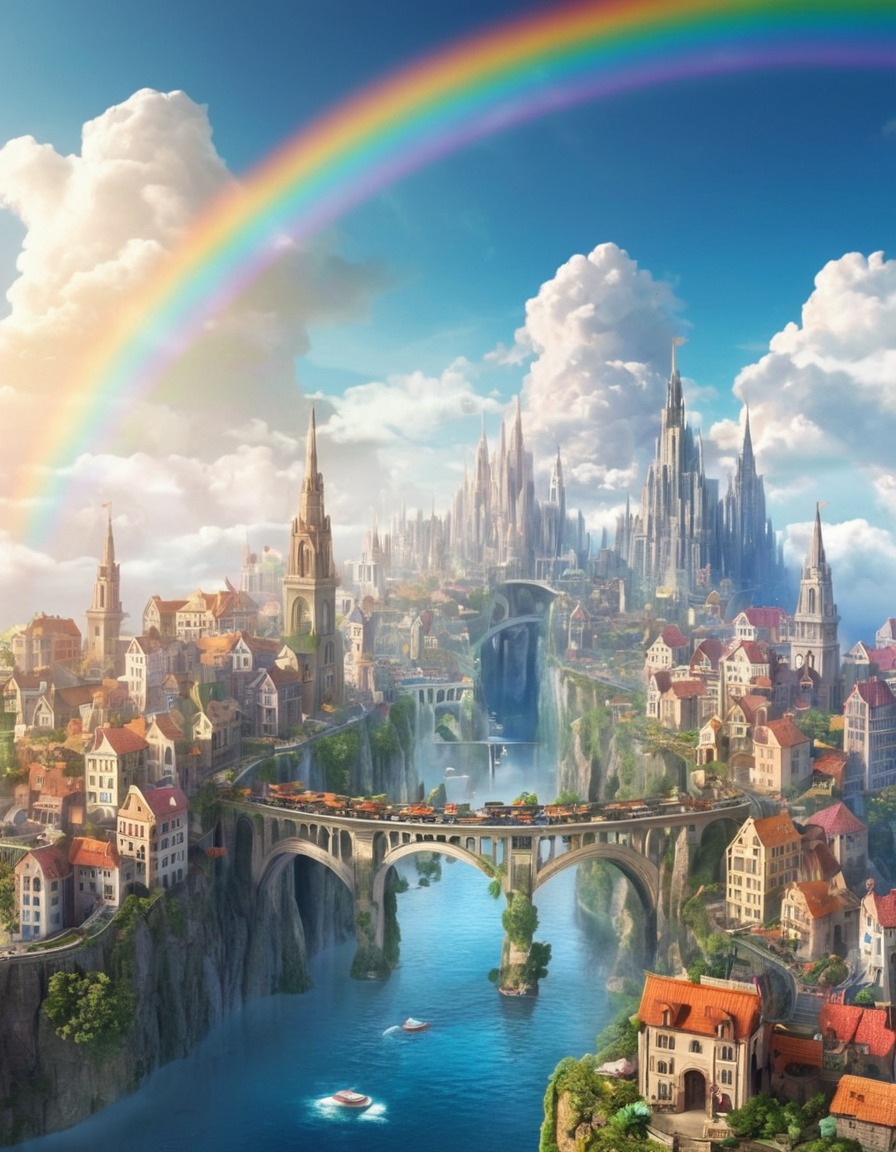 floating city, clouds, rainbow bridges, fantasy scene, skytopia