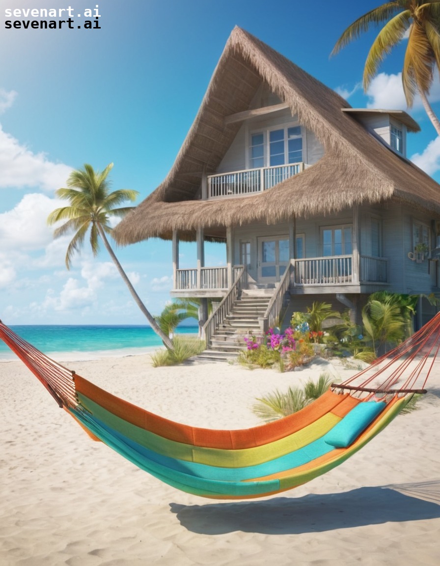 beach house, thatched roof, colorful, beach chairs, hammock, house, home