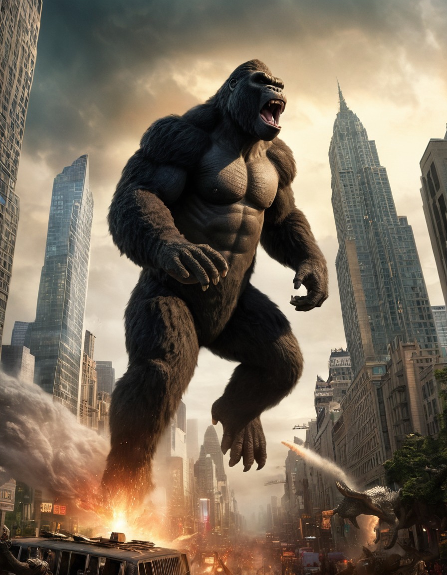 king kong, godzilla, city destruction, monster battle, action scene, giant creatures, kong