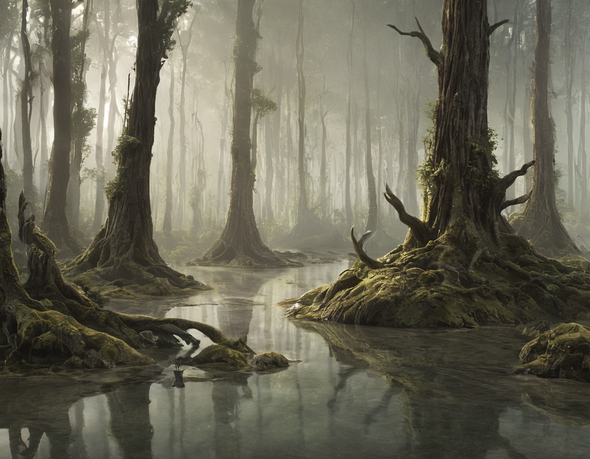 forest, fog, dreamup, digitalart, horror, deadtrees, swamp, dailychallenge, ai_art