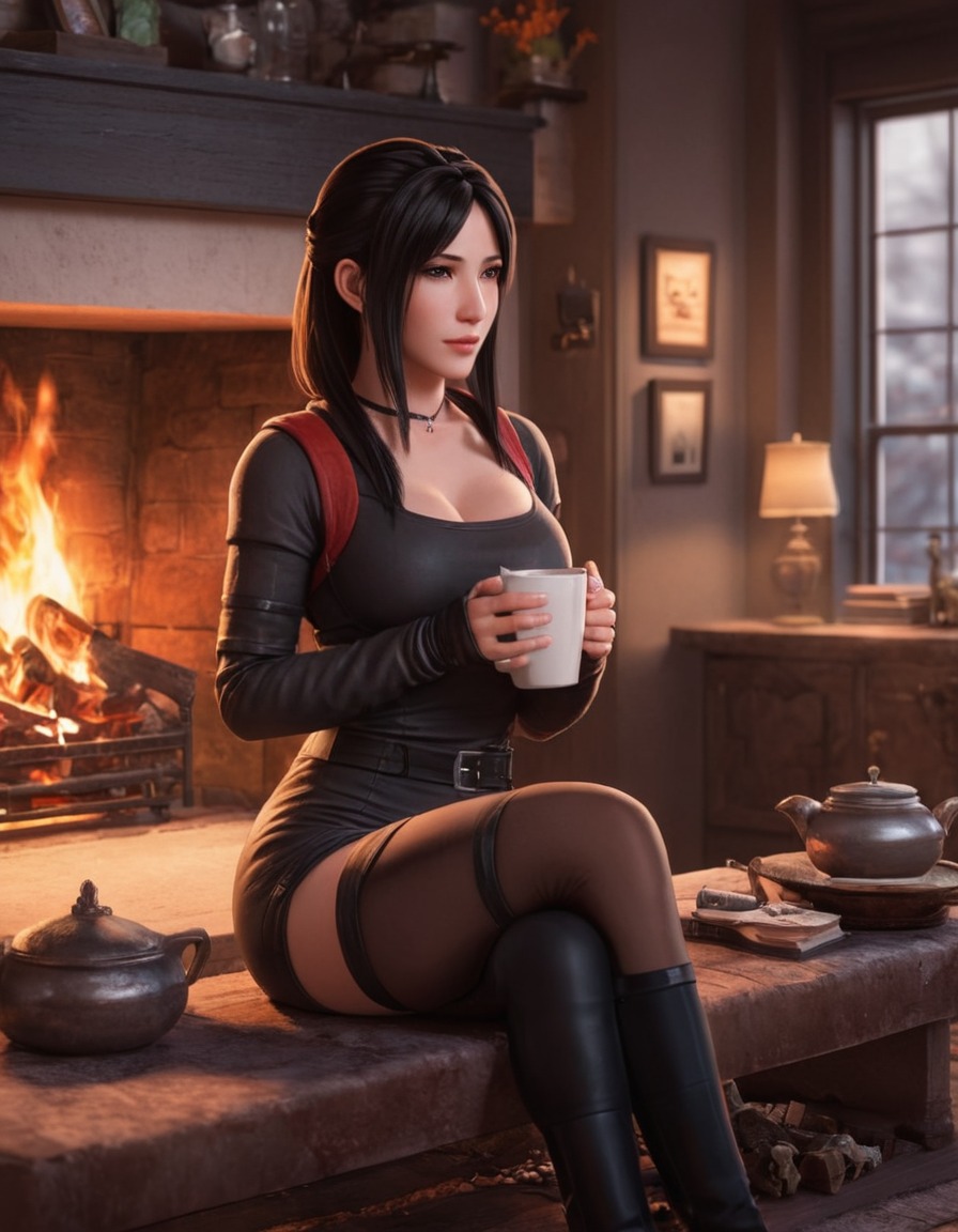 tifa lockhart, cosplay, fireplace, hot drink, cozy, games, girls from games