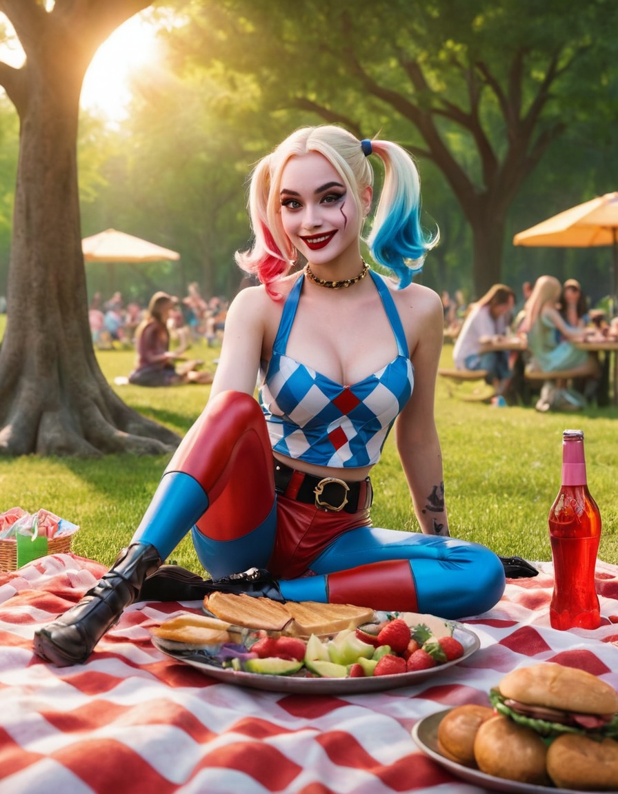 harley quinn, picnic, park, outdoors, fun, leisure, superhero, superheroine, bikini