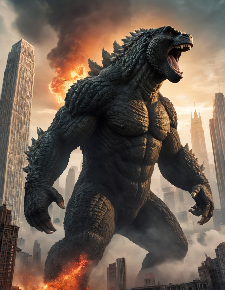 godzilla, king kong, skyscrapers, cityscape, battle, movie monsters, kong