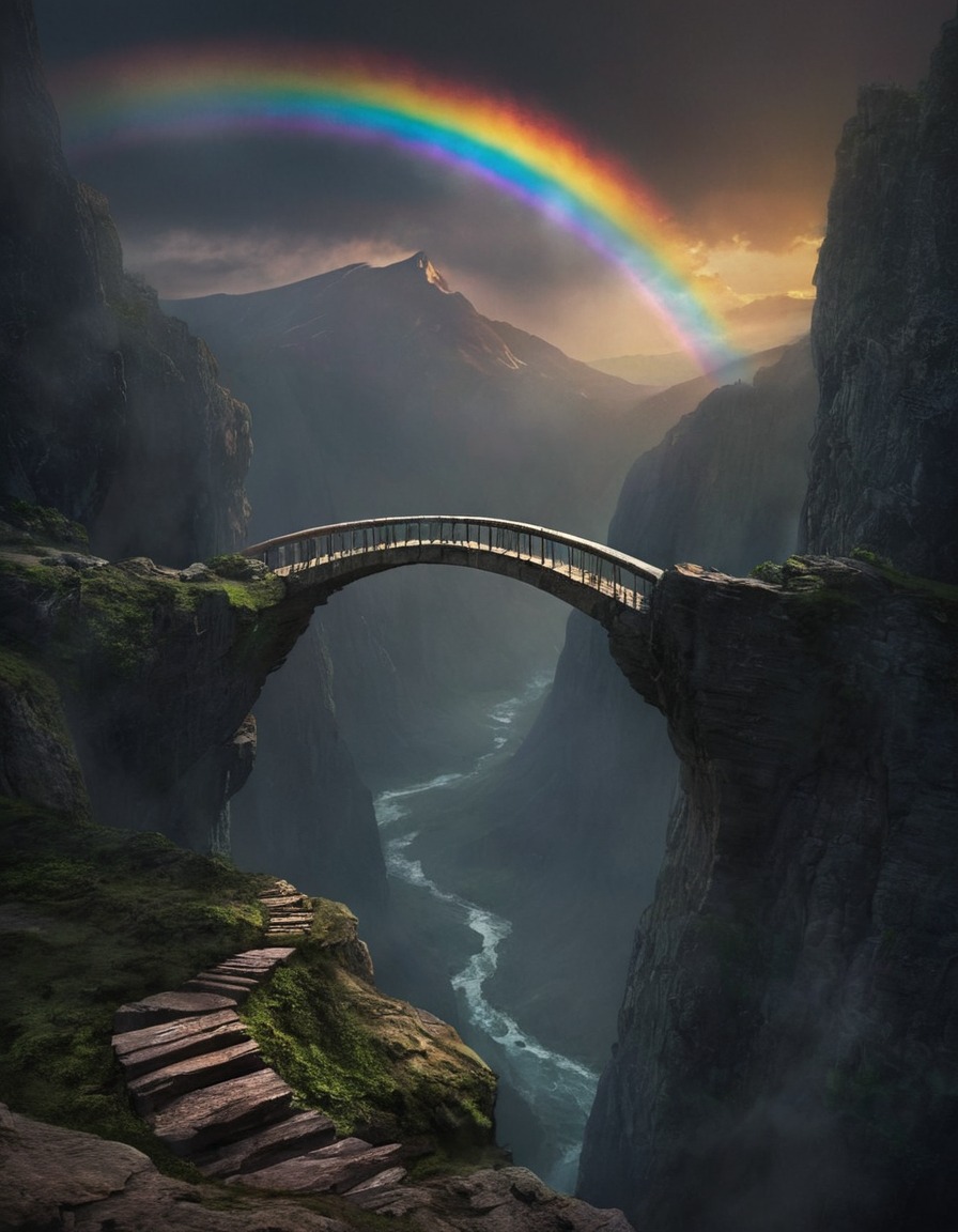 mountains, rainbow bridge, mystical, chasm, nature, fantasy, landscape