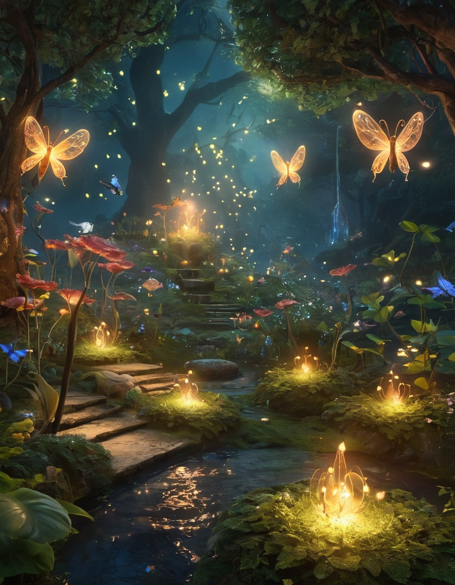 mystical garden, fairies, fireflies, fantasy, enchanted, magical creatures