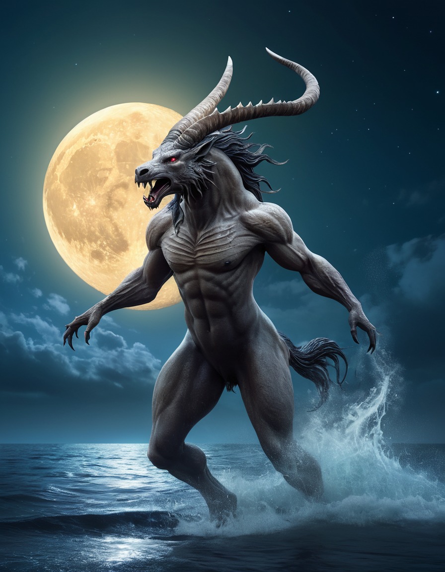 fantasy, mythical creature, nuckelavee, sea monster, moonlit sky