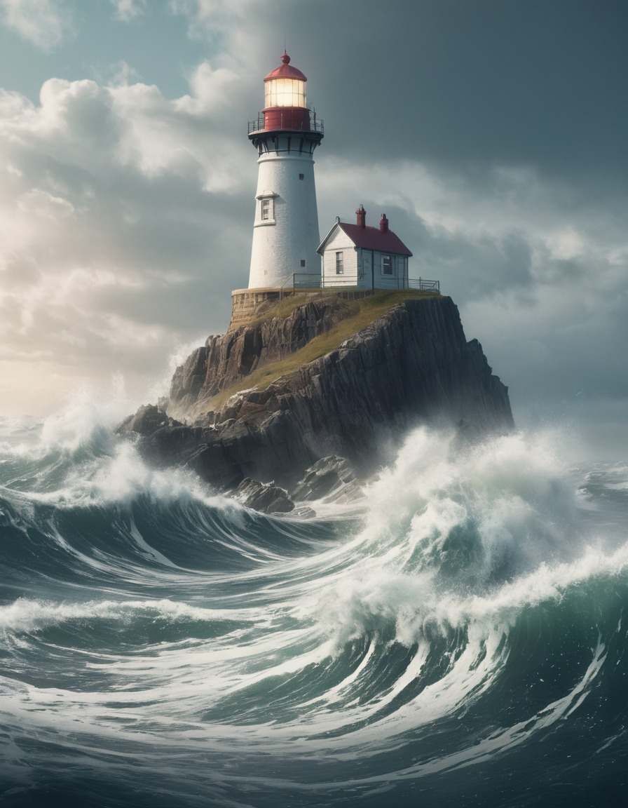 lighthouse, ocean, waves, coastal, scenic