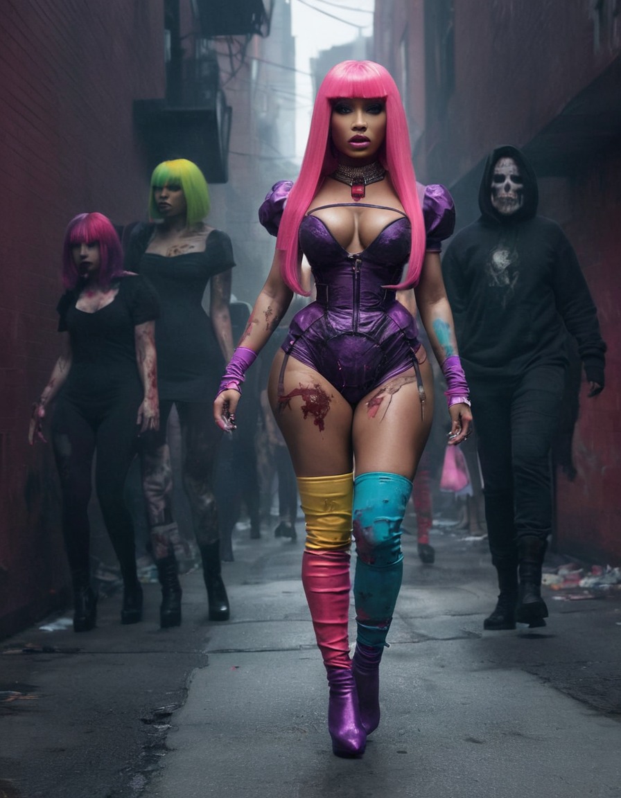 nicki minaj, colorful wigs, outfits, zombified, dark street, eerie, zombie, celebrities