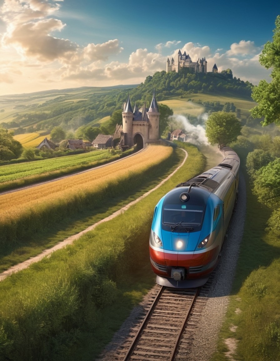 high-speed train, medieval countryside, peasants, nobles, awe, medieval, art