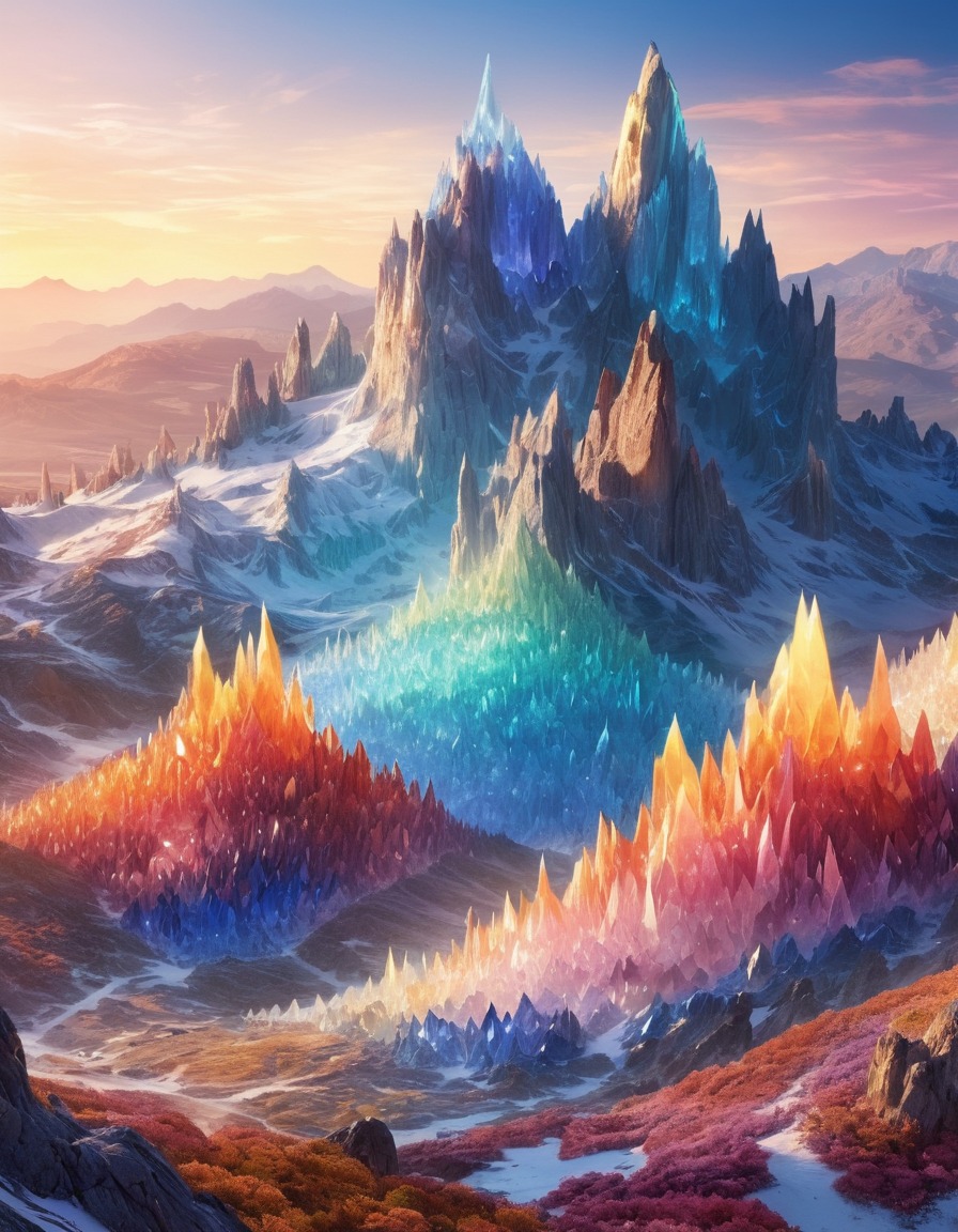 mountain range, crystal formations, colorful, sunlight, fantastic