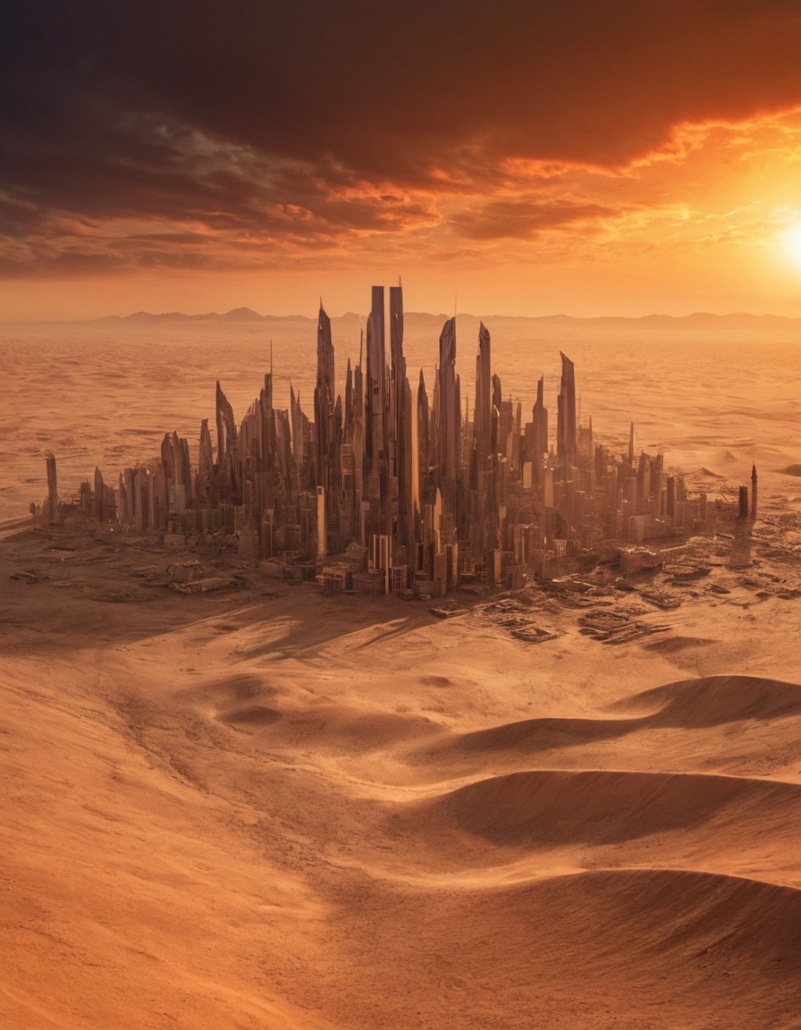 mystical, mirage, city, desert, illusion, sunset