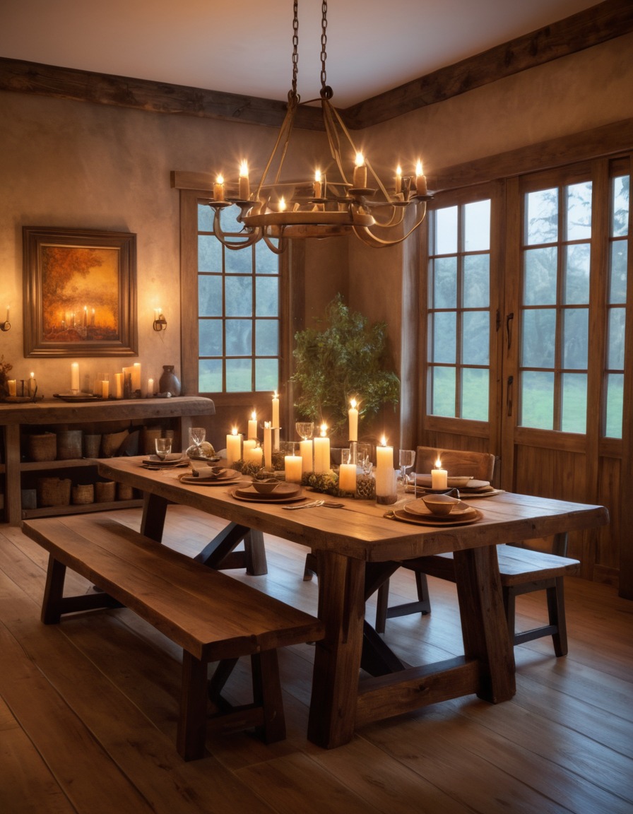 interior design, dining room, rustic, wooden table, candles, home, interior