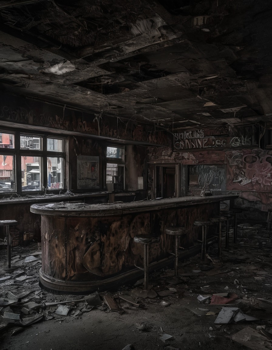 urban decay, abandoned building, cityscape, alcohol, nightlife, empty space, dimly lit