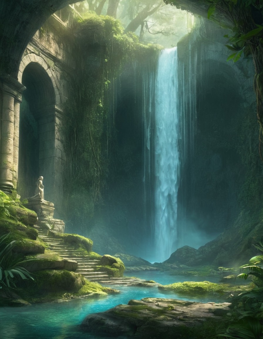 fantasy, hidden valley, waterfall, nymphs, dryads, fantastic