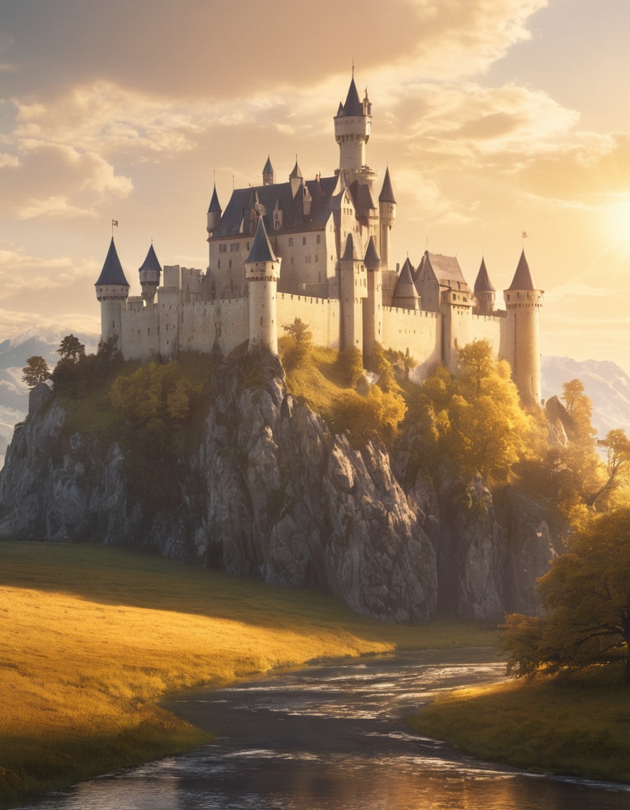 medieval, castle, majestic, sunlight, golden