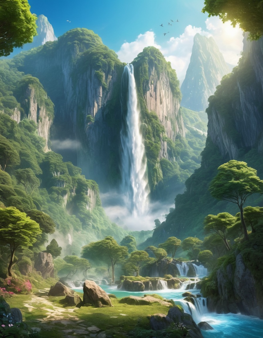 waterfall, mountain, lush valley, fairies, unicorns, fantastic