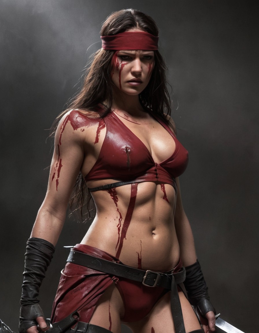 elektra, superhero, battle aftermath, determination, ripped clothes