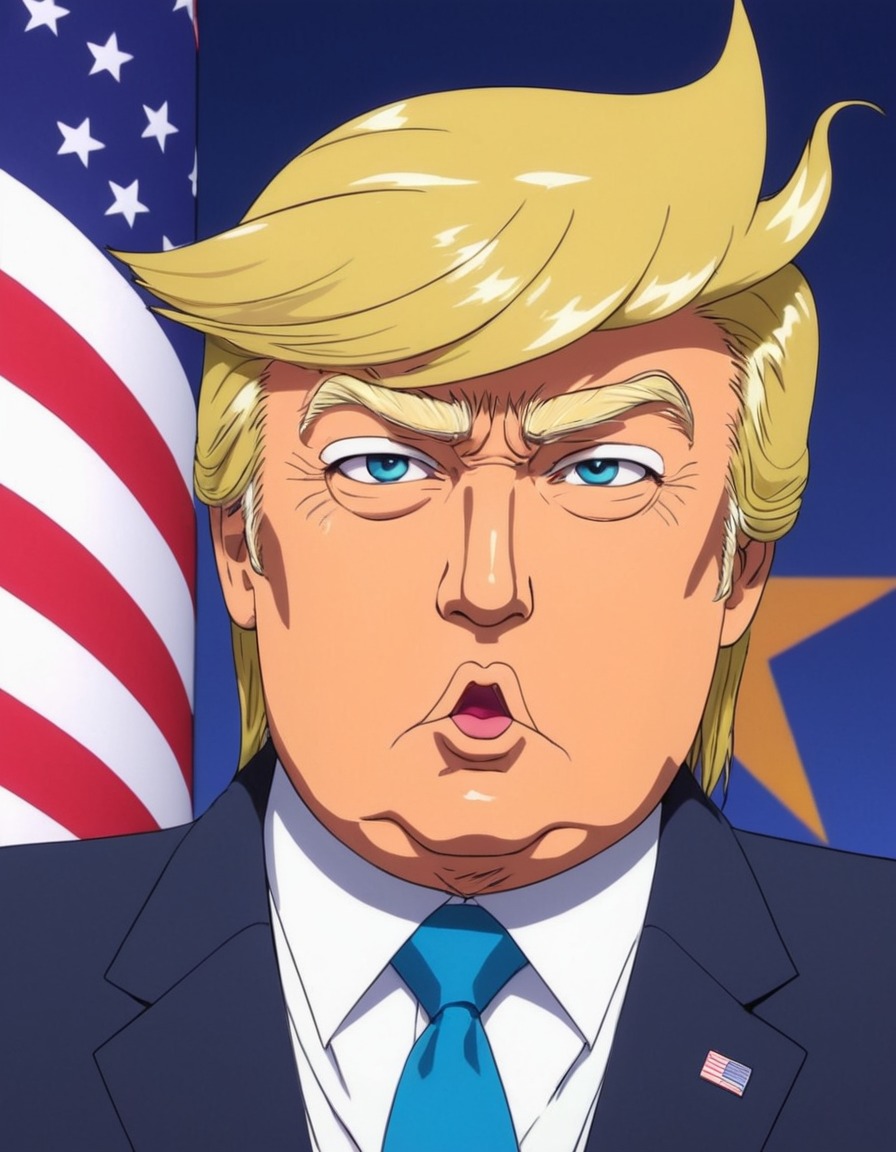 donald trump, anime, exaggerated features, flashy suit, parody, politics