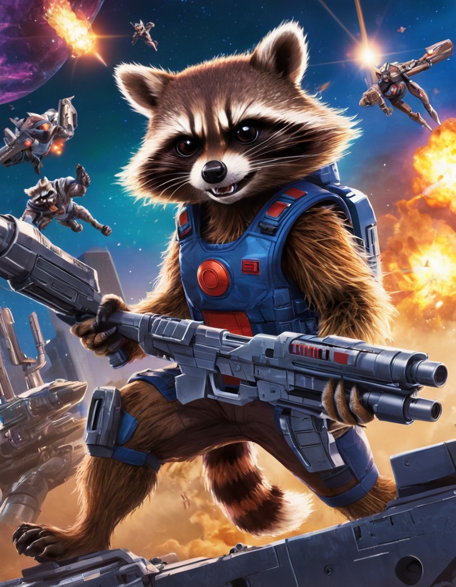 rocket raccoon, marvel, guardians of the galaxy, sci-fi, alien invasion, superhero, high-tech weaponry, anime