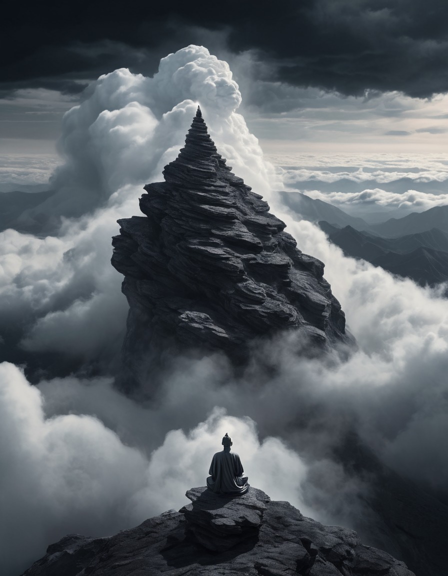 meditation, mountain peak, swirling clouds, solitude, mystical experience, spirituality