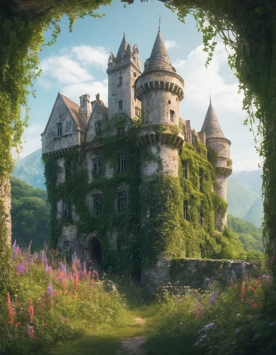 abandoned, castle, ivy, wildflowers, overgrown