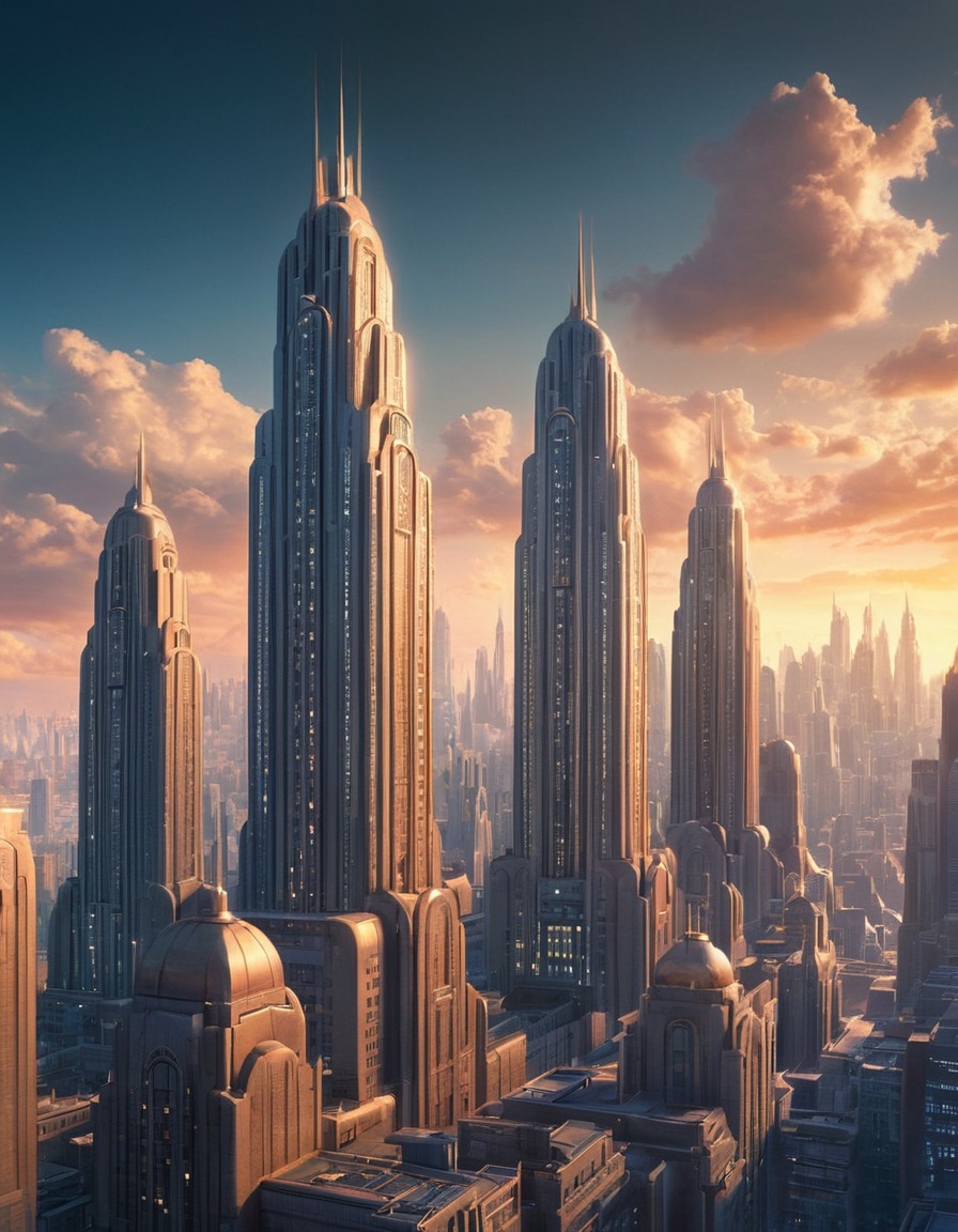 futuristic, cityscape, art deco, architecture, skyline