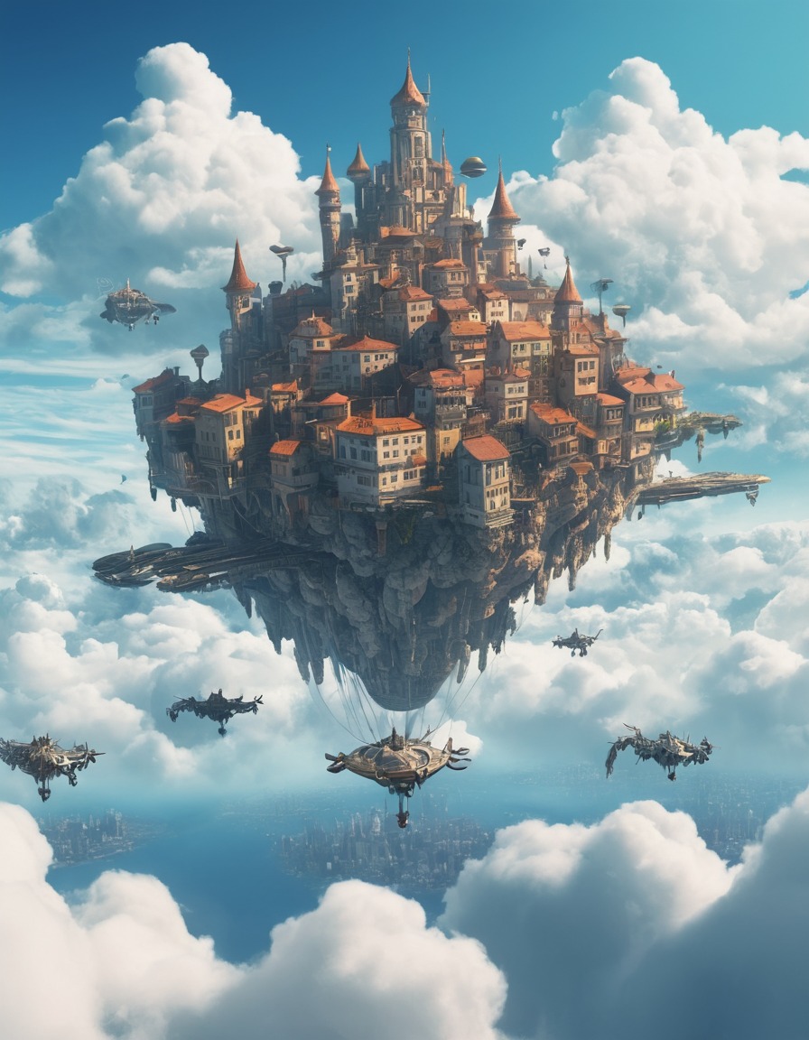 flying city, futuristic, sky, flying creatures, fantasy, fantastic