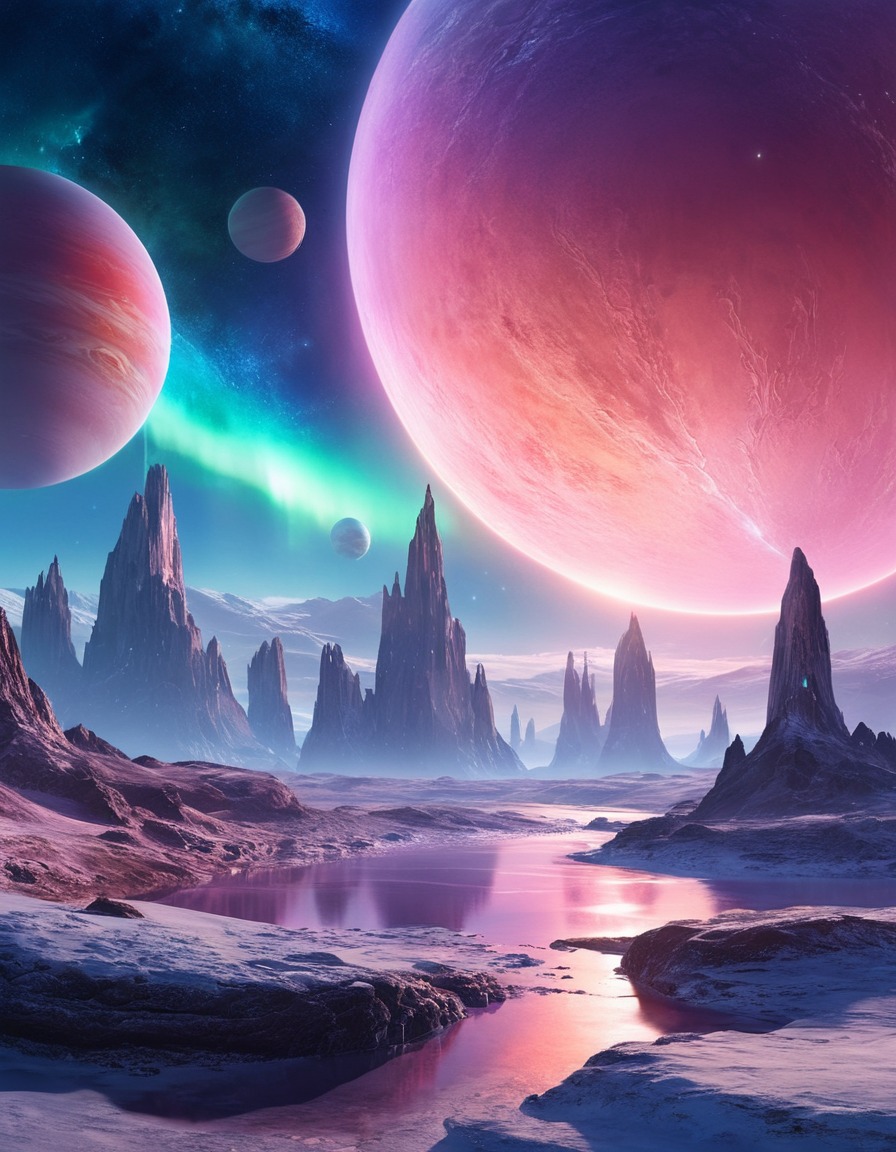 space, panorama, massive planets, shimmering aurora, ethereal, stars