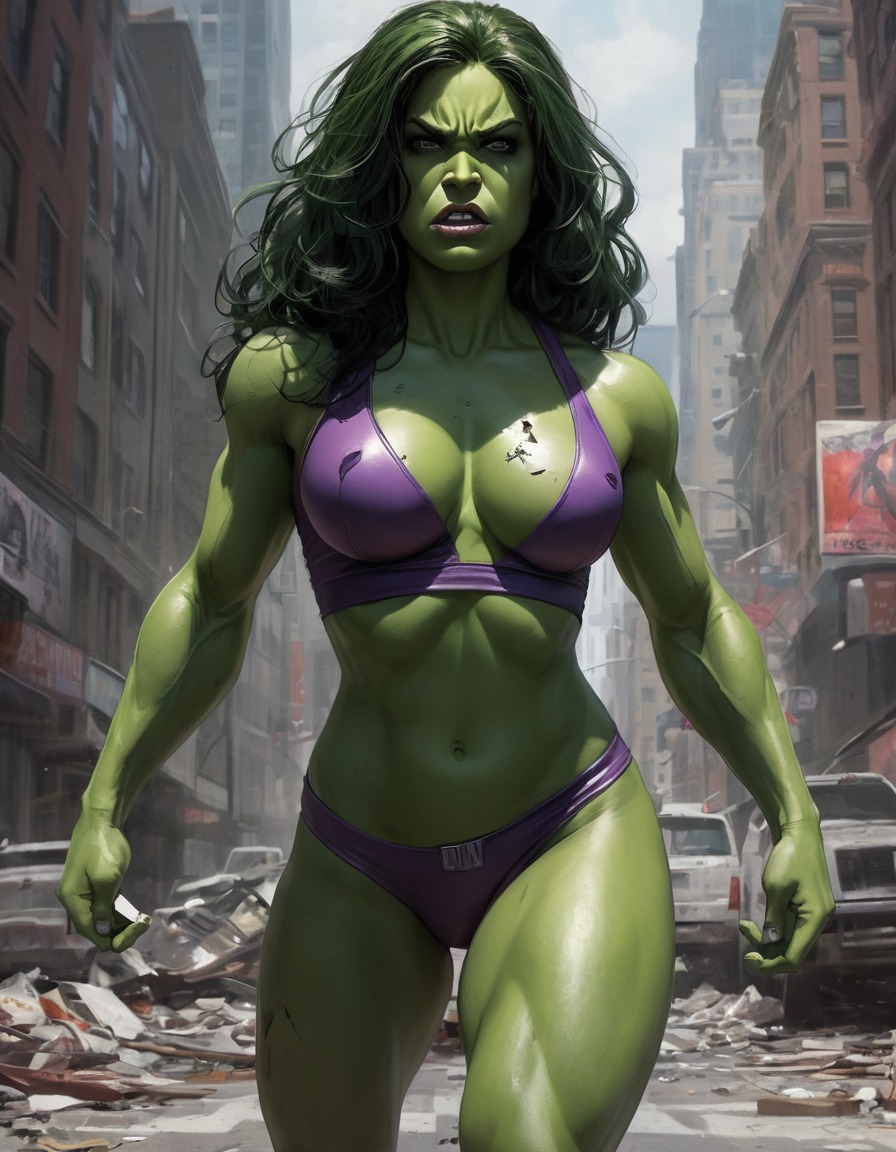 she-hulk, marvel comics, superhero, victorious, city street, battle, torn clothes