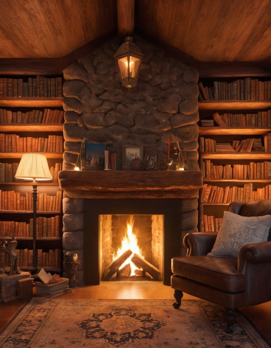 home decor, cozy, den, books, fireplace, interior design, home, interior