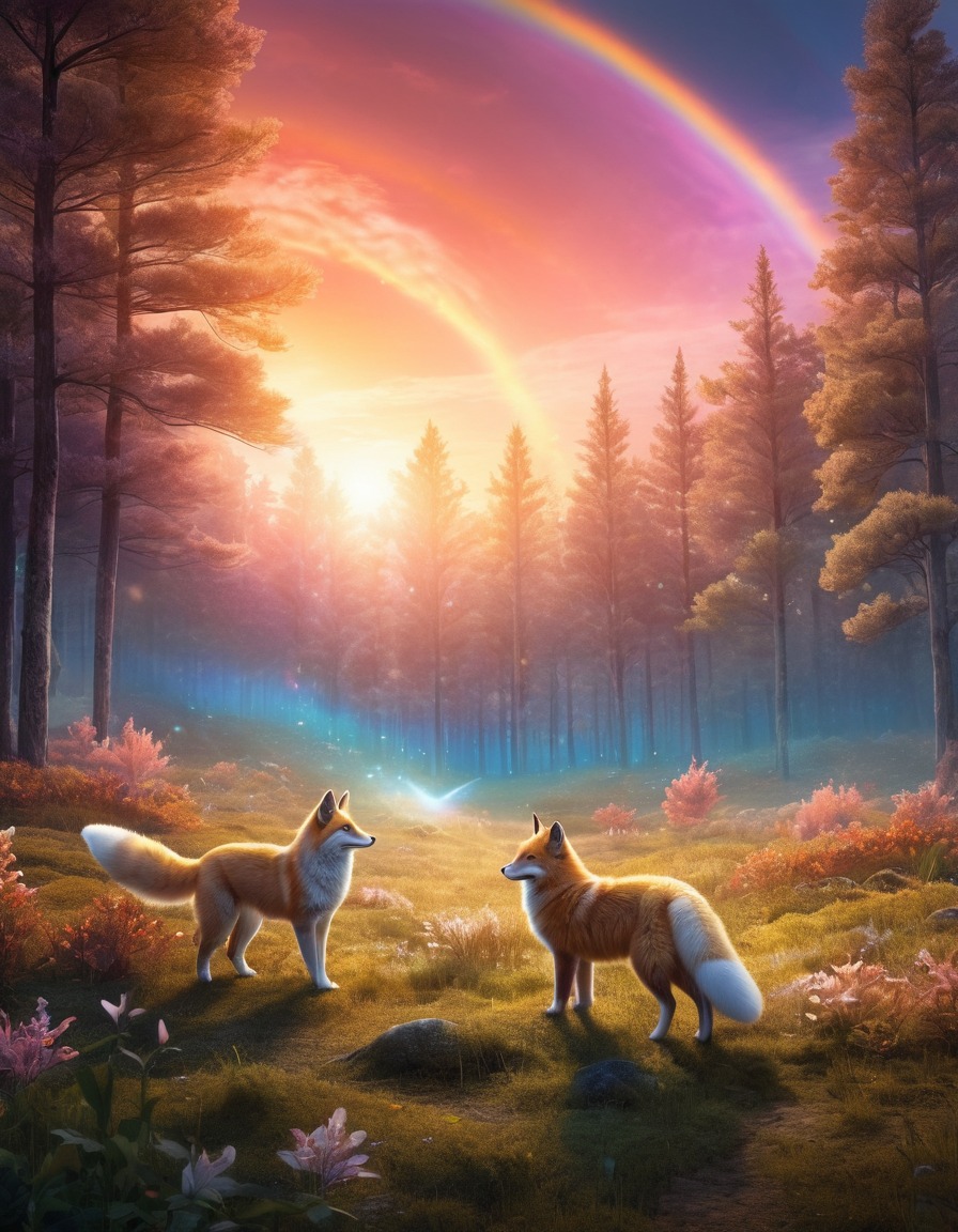 forest, clearing, sunset, mystical, kitsune, rainbow