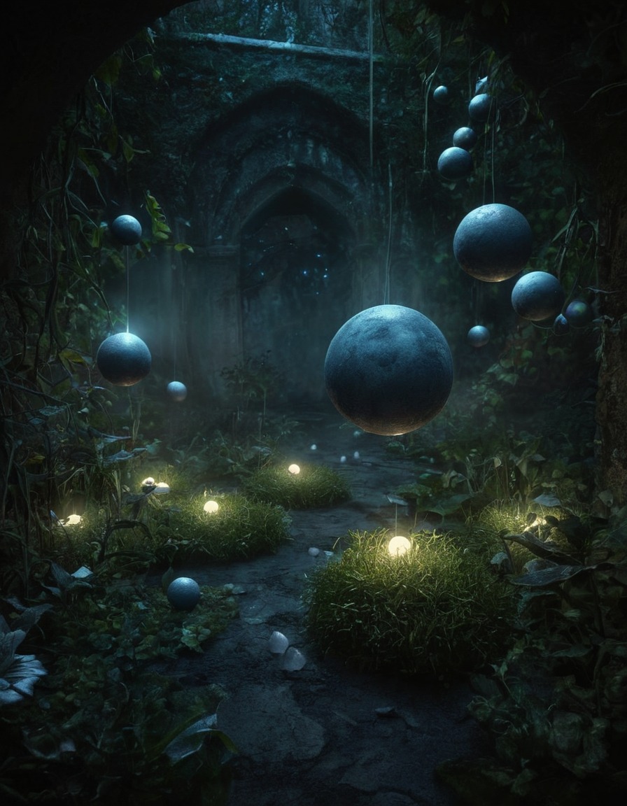 mystical, mystical garden, floating orbs, soft light, enchantment, magic, ethereal