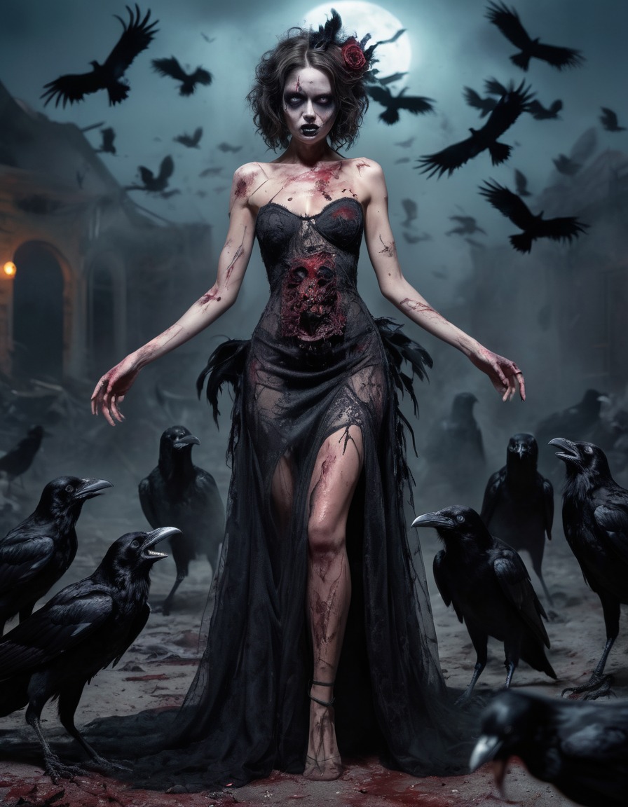 zombie, evening gown, ravens, spooky, fantasy, horror, nsfw